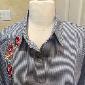 Embroidered seersucker button front shirt